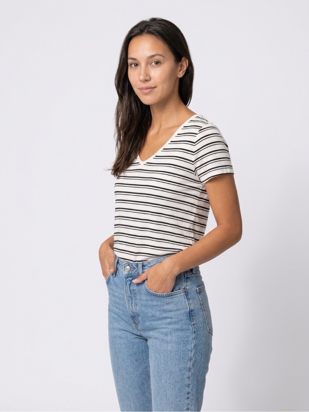 Hollister White and Black Striped Short Sleeve Tee